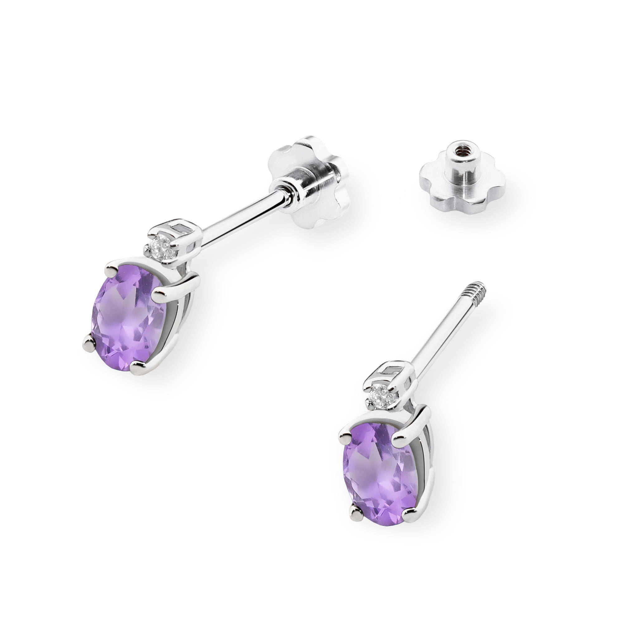 Cercei Aur 14K cu Ametist 0.80 ct si Diamant Natural 0.03 ct - Alb