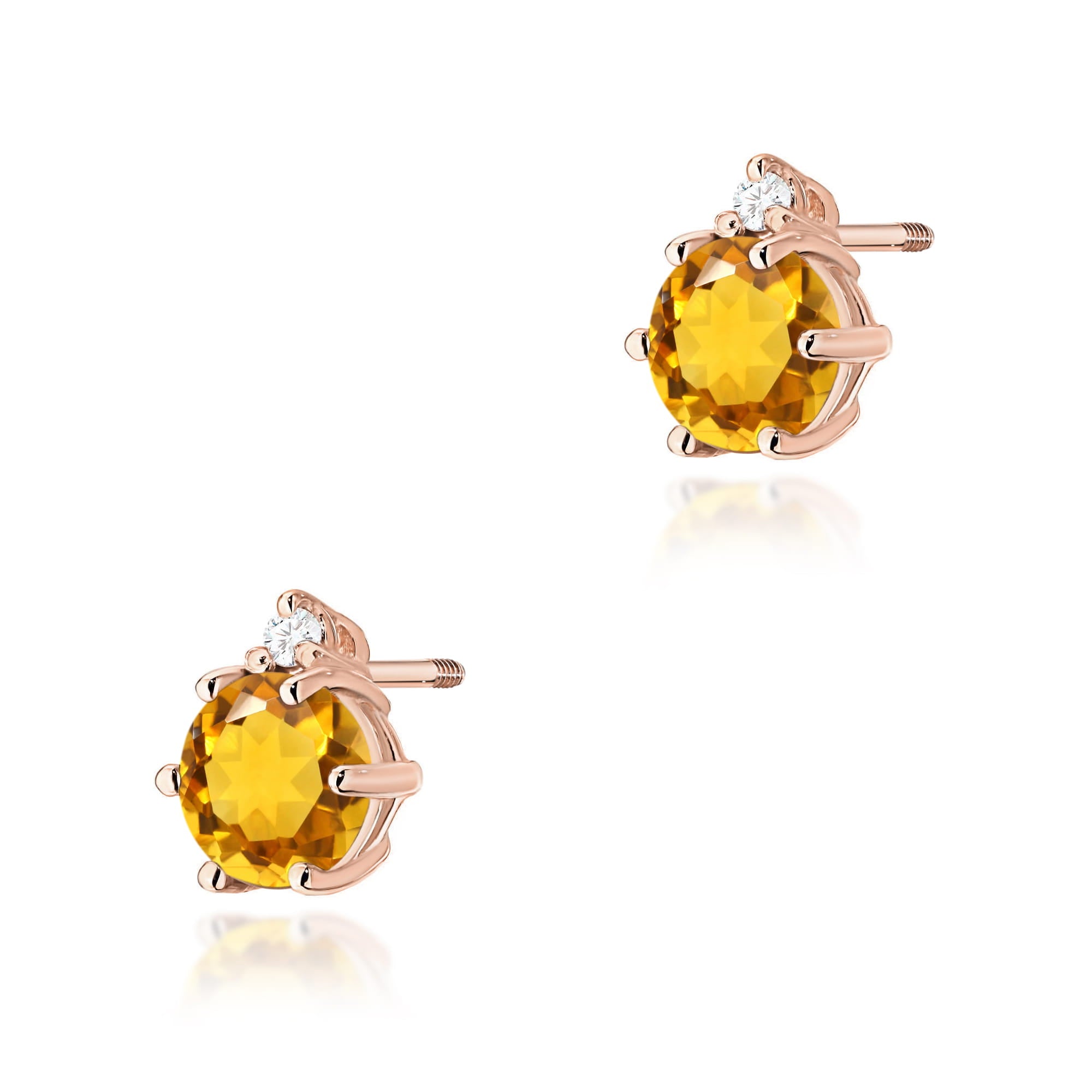 Cercei Aur 14K Citrină Rotundă și Diamante Stud