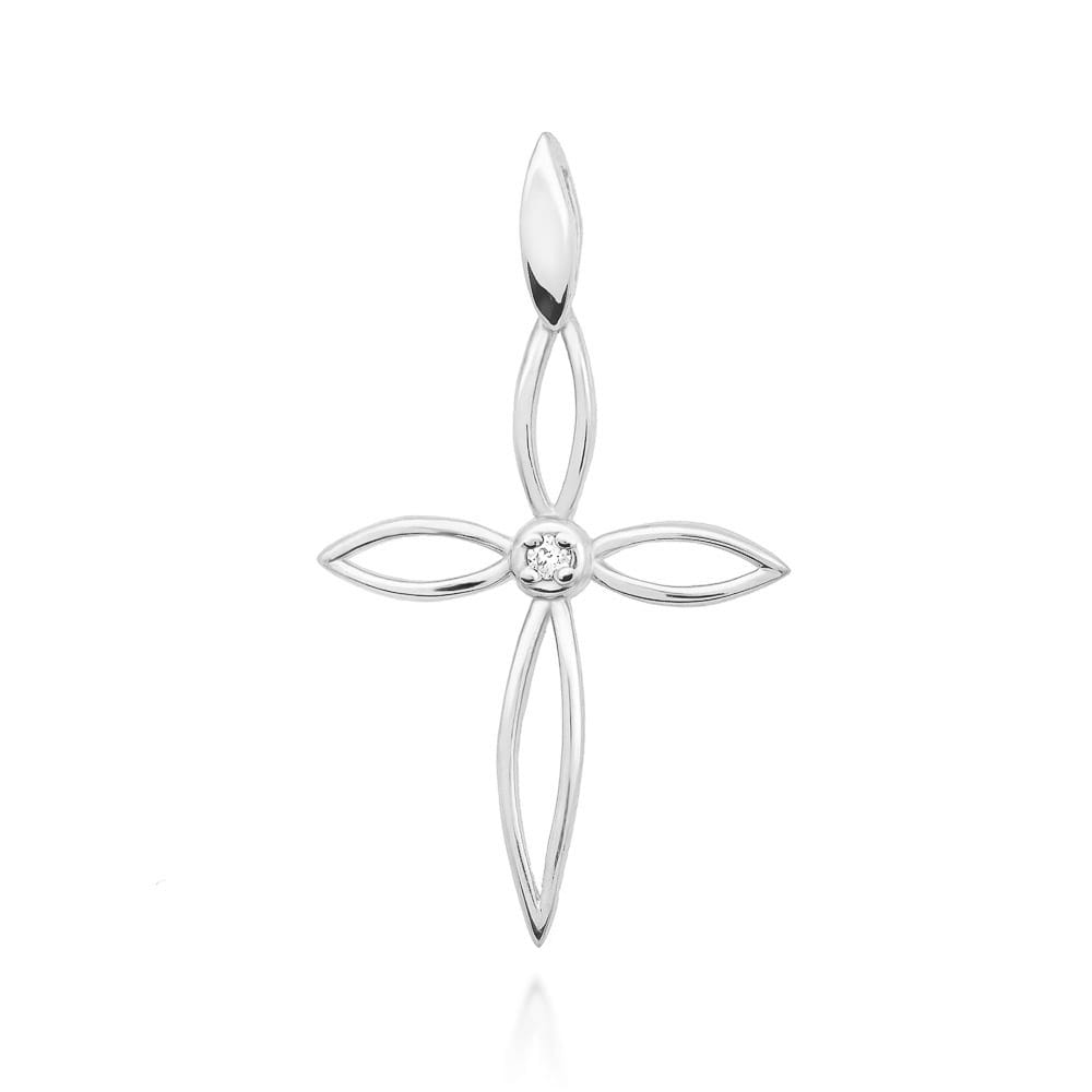 Pandantiv Cruce Aur 14K cu Diamante 0.02 ct - Alb