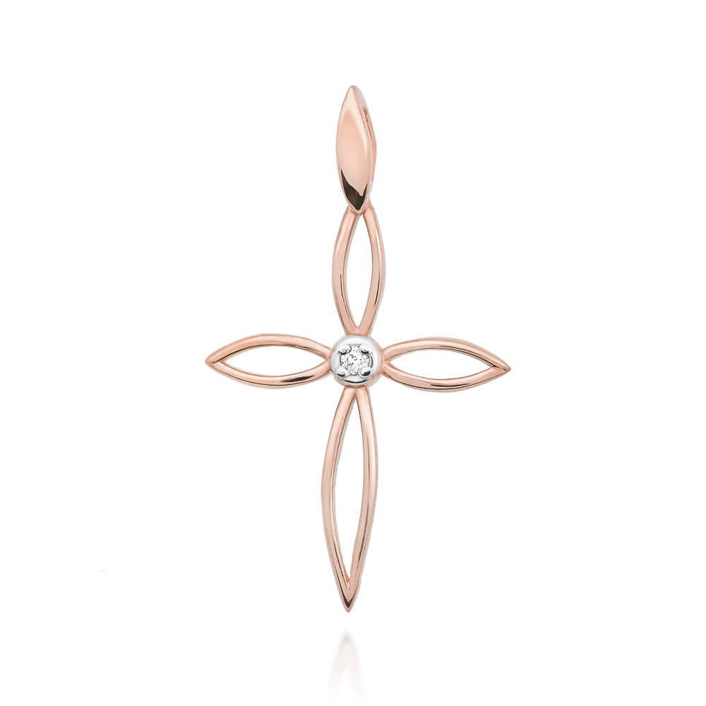 Pandantiv Cruce Aur 14K cu Diamante 0.02 ct - Roz