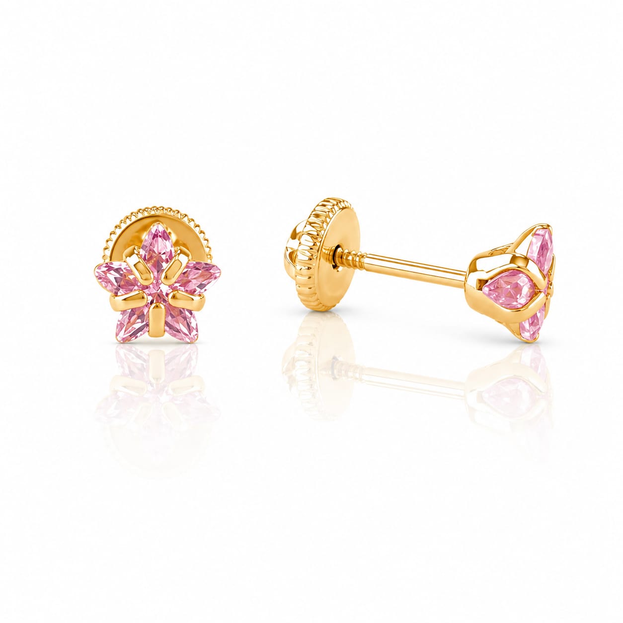 Cercei Aur 14K inimioare zirconii roz 5x5mm, Filet cu Protecție