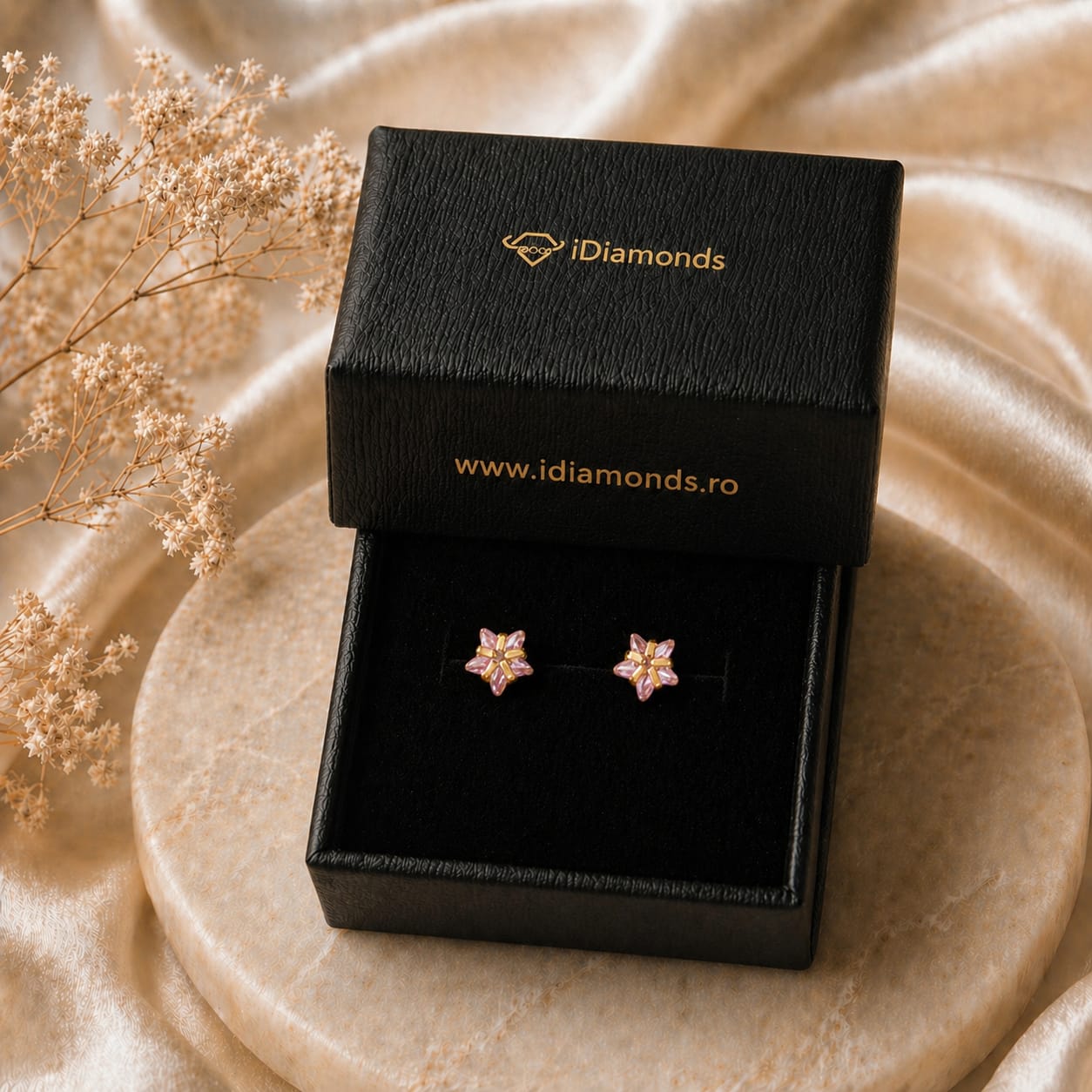 Cercei Aur 14K inimioare zirconii roz 5x5mm, Filet cu Protecție