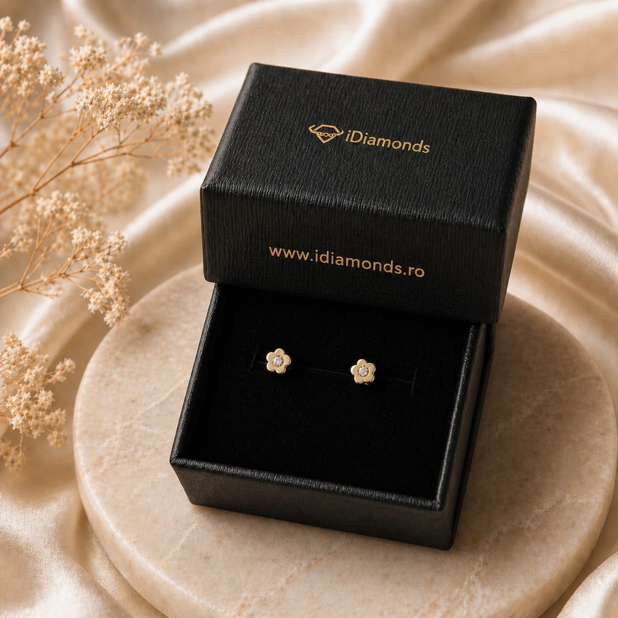 Cercei Aur 14K flori cu zirconii 1.5mm, Filet cu Protecție