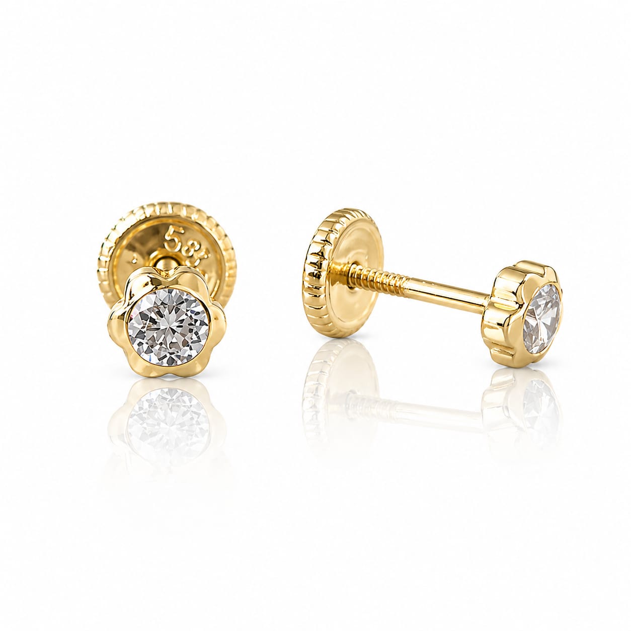 Cercei Aur 14K flori cu zirconii 3mm, Filet cu Protecție