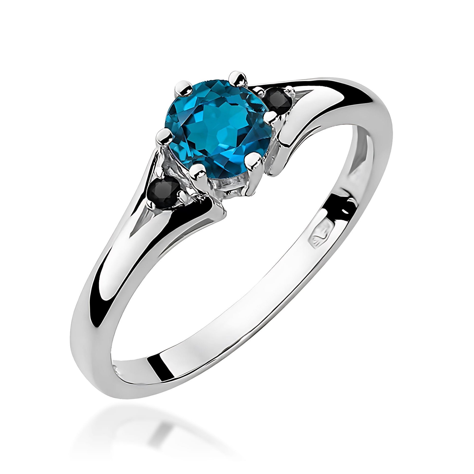 Inel Aur 9K cu Topaz London Blue 0.50 ct si Diamante Naturale Negre 0.03 ct