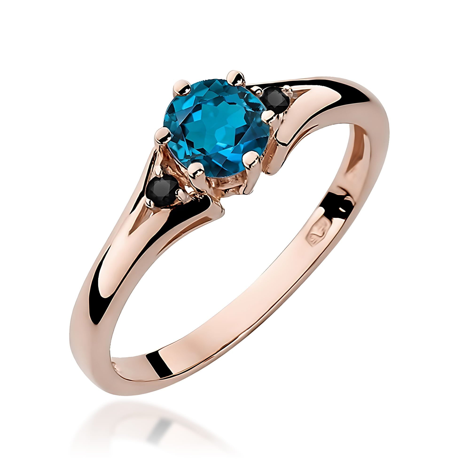 Inel Aur 14k cu Topaz London Blue 0.50 ct si  Diamante Negre 0.029 ct