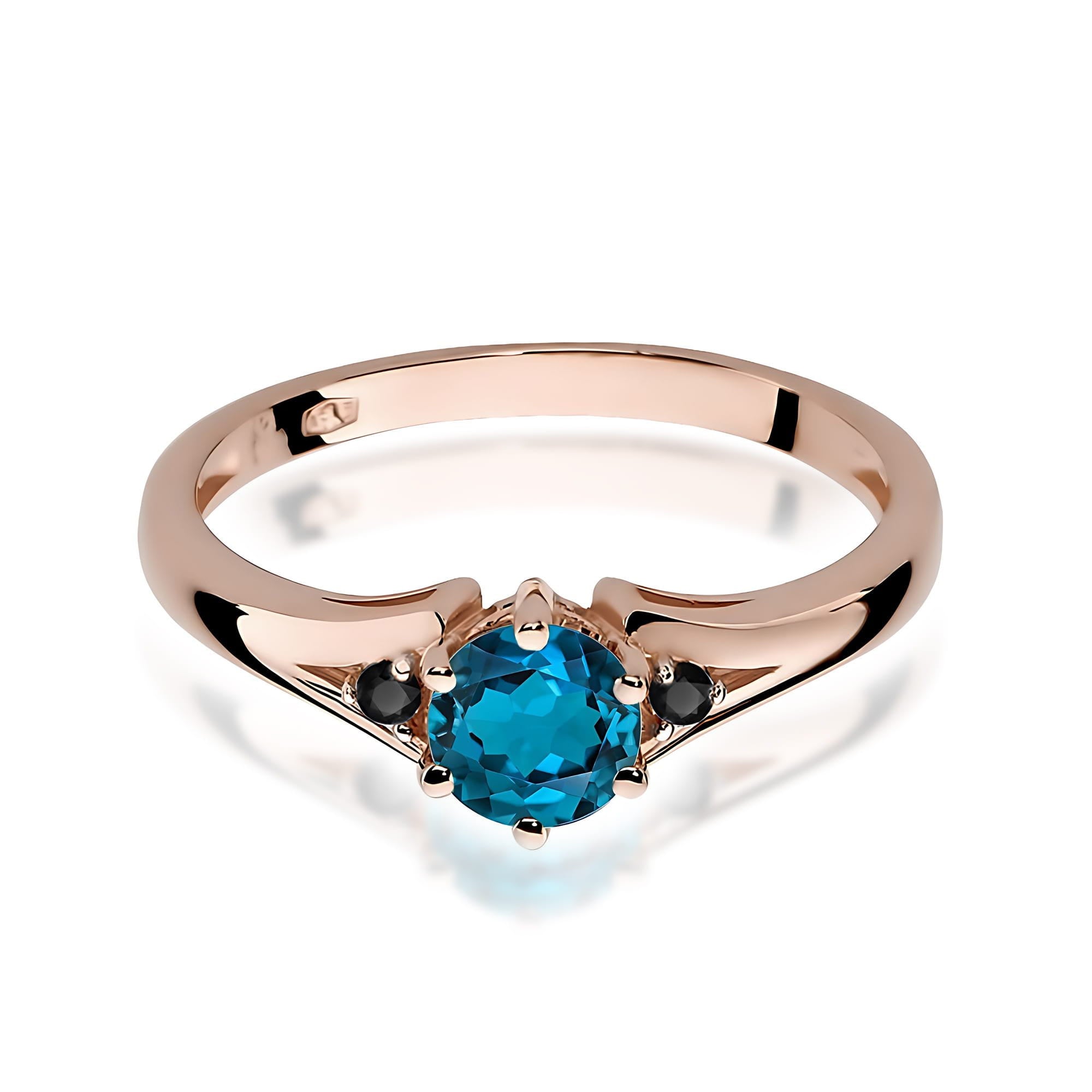 Inel Aur 14k cu Topaz London Blue 0.50 ct si  Diamante Negre 0.029 ct