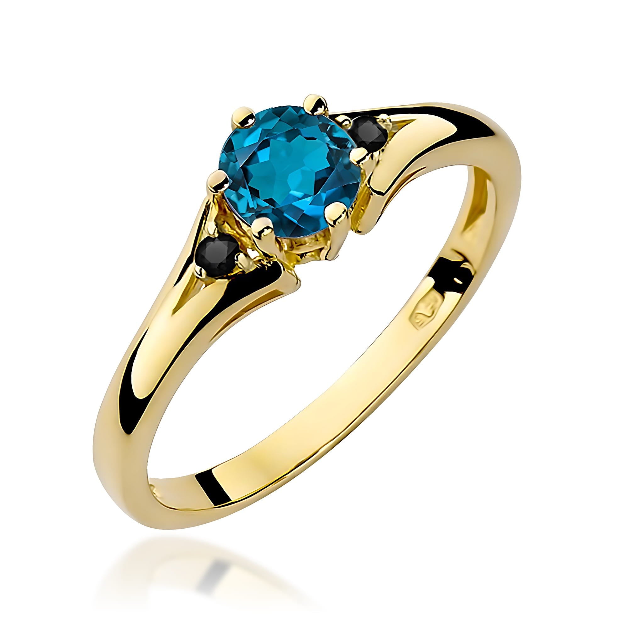Inel Aur 14k cu Topaz London Blue 0.50 ct si  Diamante Negre 0.029 ct