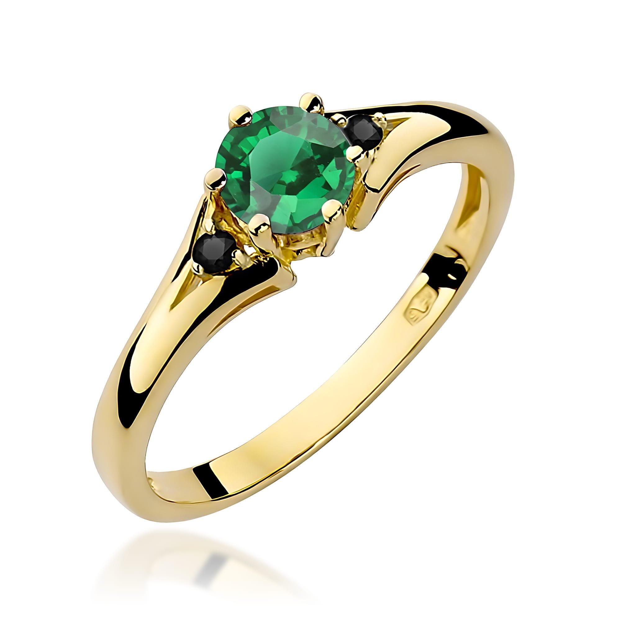 Inel Aur 9K cu Smarald 0.50 ct si Diamante Naturale Negre 0.03 ct