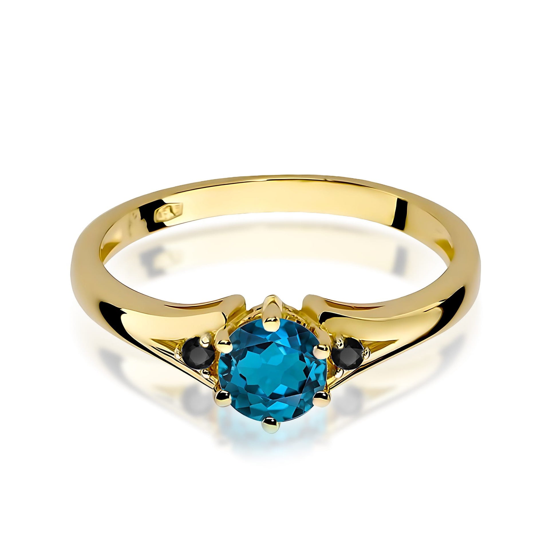 Inel Aur 9K cu Topaz London Blue 0.50 ct si Diamante Naturale Negre 0.03 ct