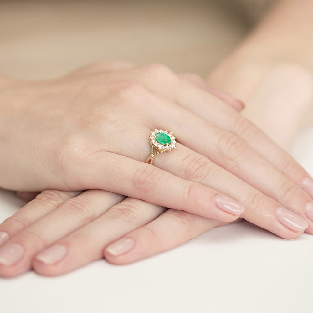 Inel Aur 9K cu Smarald 0.80 ct si Diamante Naturale 0.28 ct