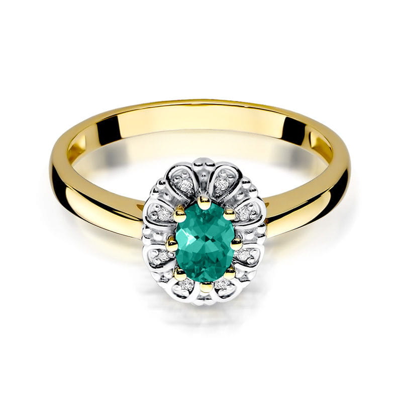 Inel Aur 9K cu Smarald 0.40 ct si Diamante Naturale 0.07 ct