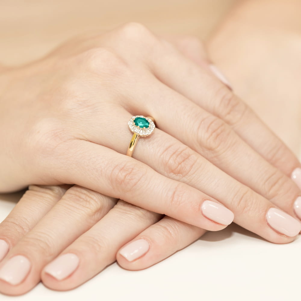Inel Aur 9K cu Smarald 0.40 ct si Diamante Naturale 0.07 ct