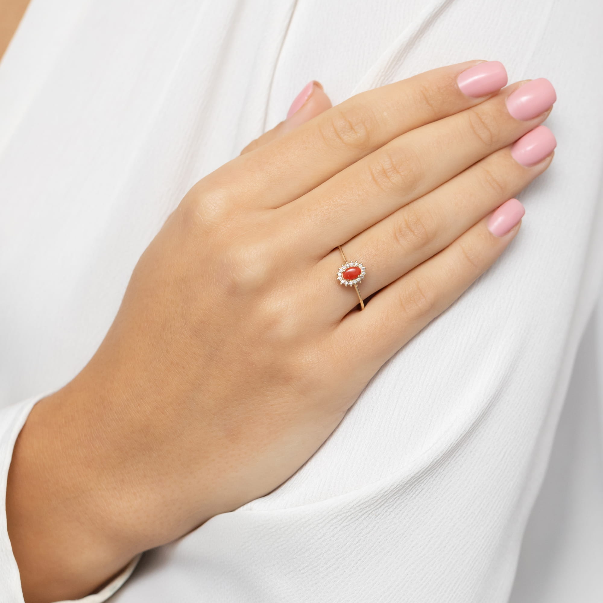 Inel Aur 9K cu Coral 0.20 ct si Diamante Naturale 0.08 ct