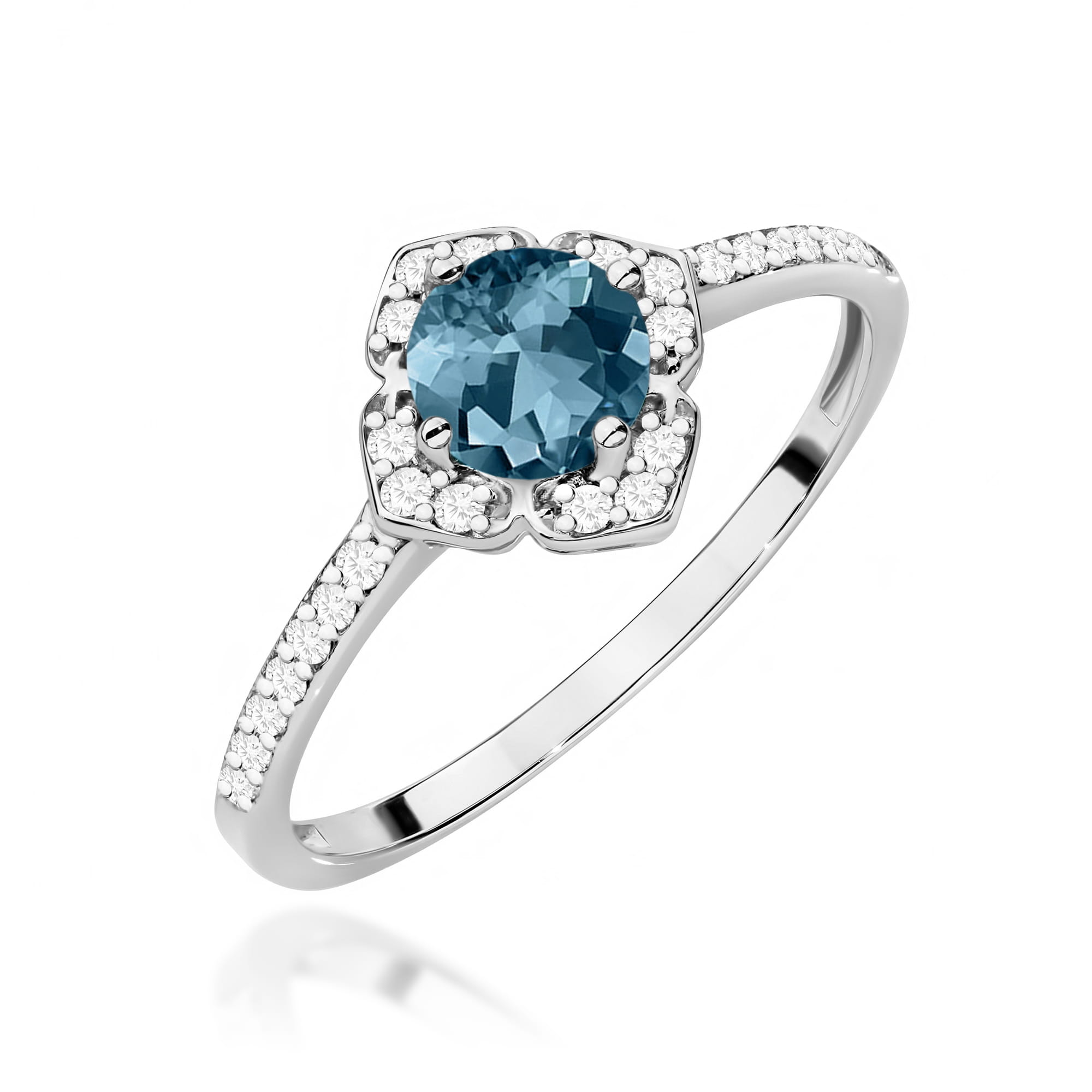 Inel Aur 9K cu Topaz London Blue 0.50 ct si Diamante Naturale 0.13 ct