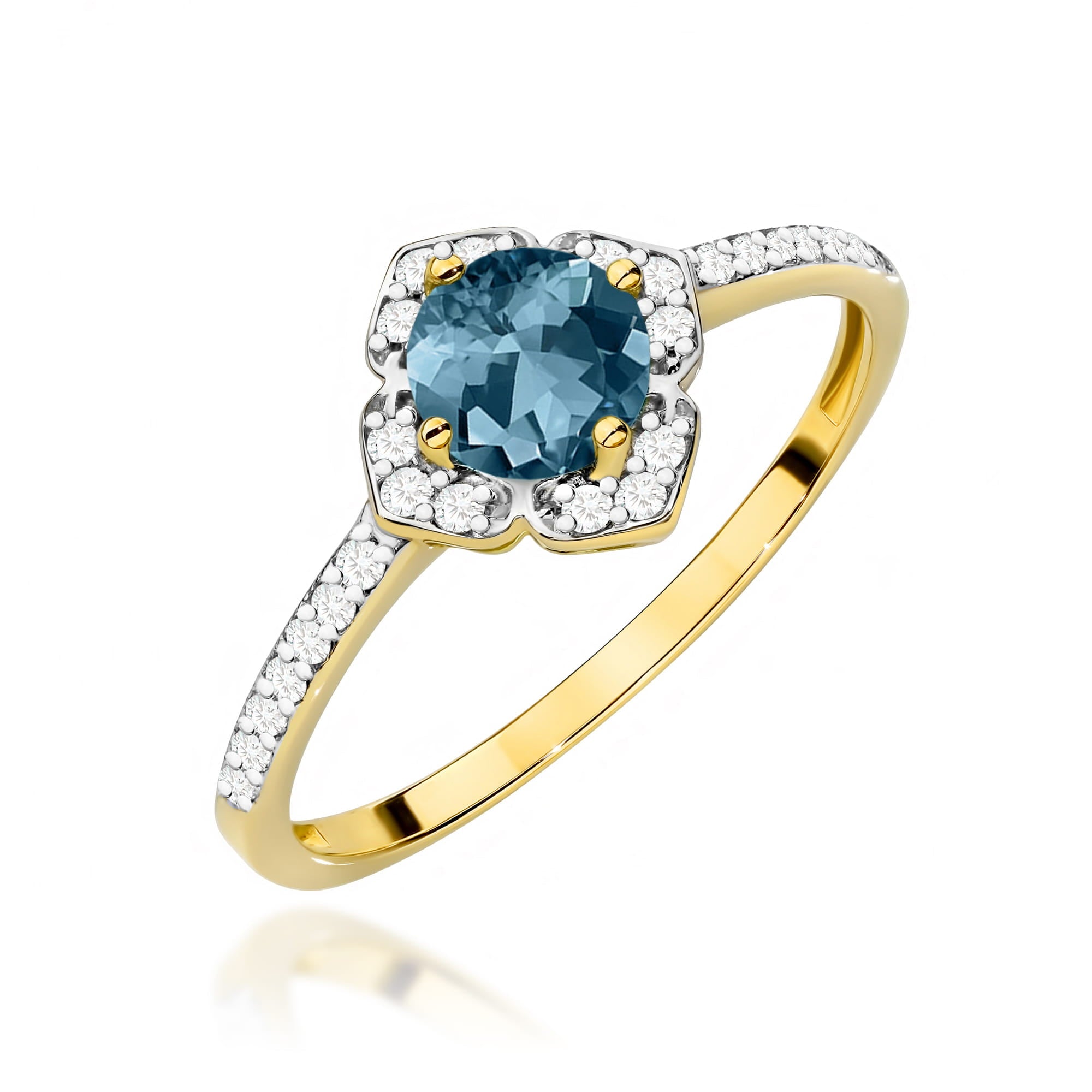 Inel Aur 14K cu Topaz London Blue 0.50 ct si Diamante Naturale 0.13 ct