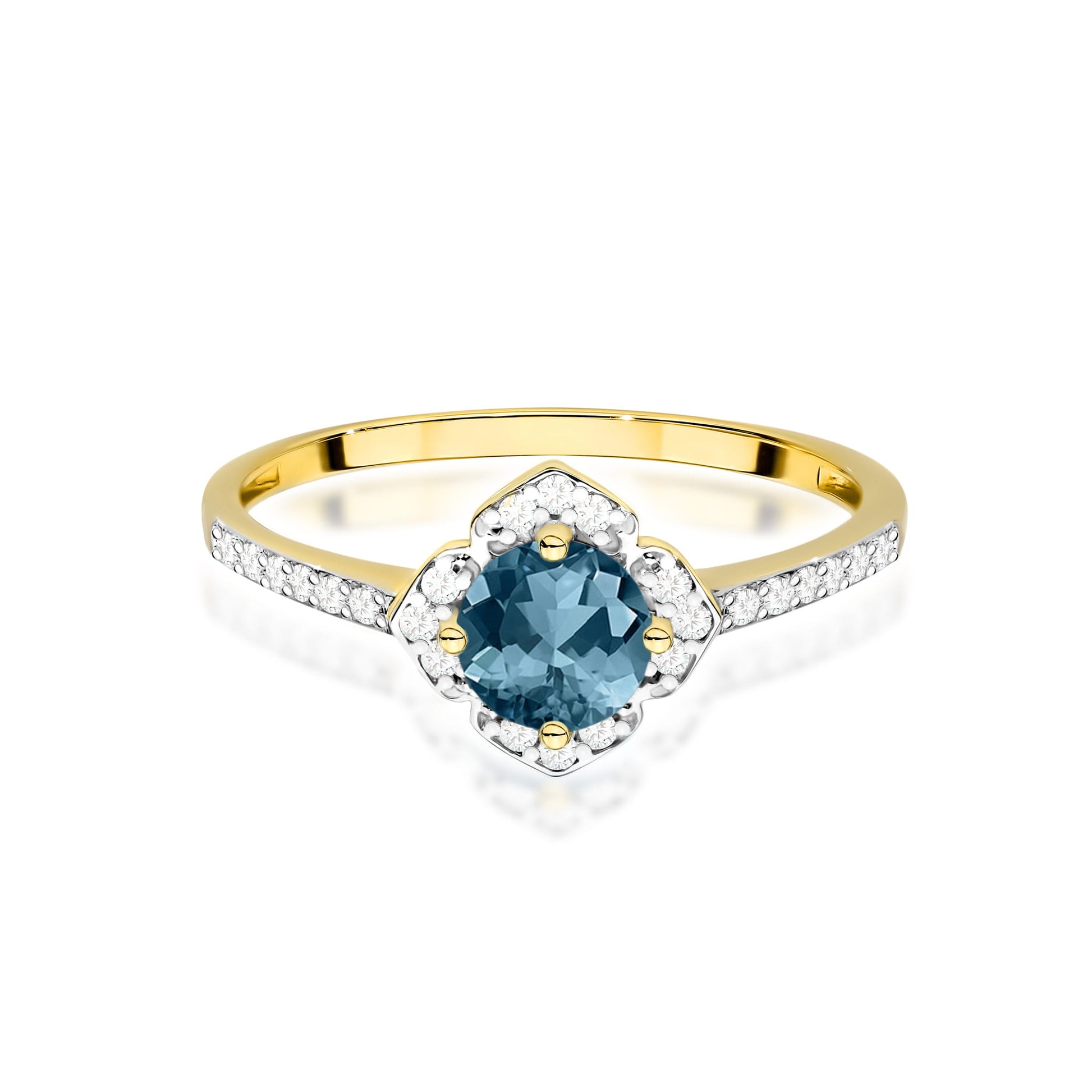 Inel Aur 9K cu Topaz London Blue 0.50 ct si Diamante Naturale 0.13 ct