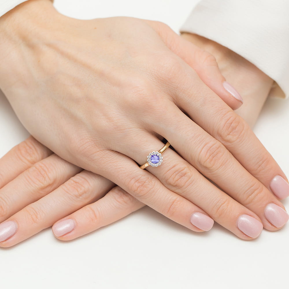 Inel Aur 9K cu Tanzanit 0.50 ct si Diamante Naturale 0.10 ct