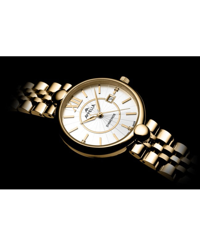 Ceas Appella, L50011.1163DQ, 31 mm, gold, cadran cu diamante (3 pietre)