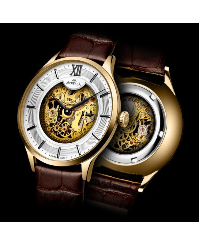 Ceas Appella, L90.1B63SM, 41 mm, gold, capac spate cu sticlă de safir antireflex
