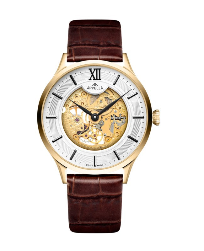Ceas Appella, L90.1B63SM, 41 mm, gold, capac spate cu sticlă de safir antireflex