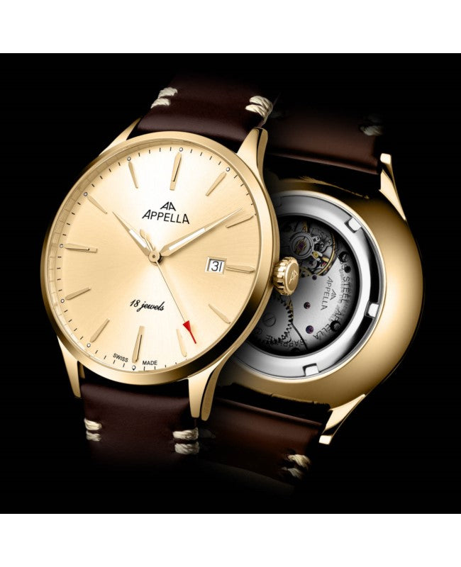 Ceas Appella, L90.1211M, 41 mm, gold, capac spate cu sticlă de safir