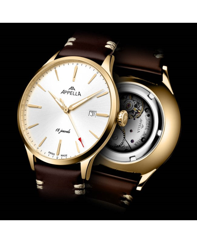 Ceas Appella, L90.1213M, 41 mm, gold, capac spate cu sticlă de safir