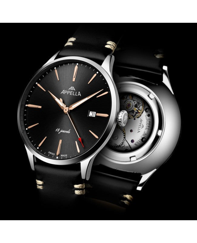 Ceas Appella, L90.52R6M, 41 mm, silver, capac spate cu sticlă de safir