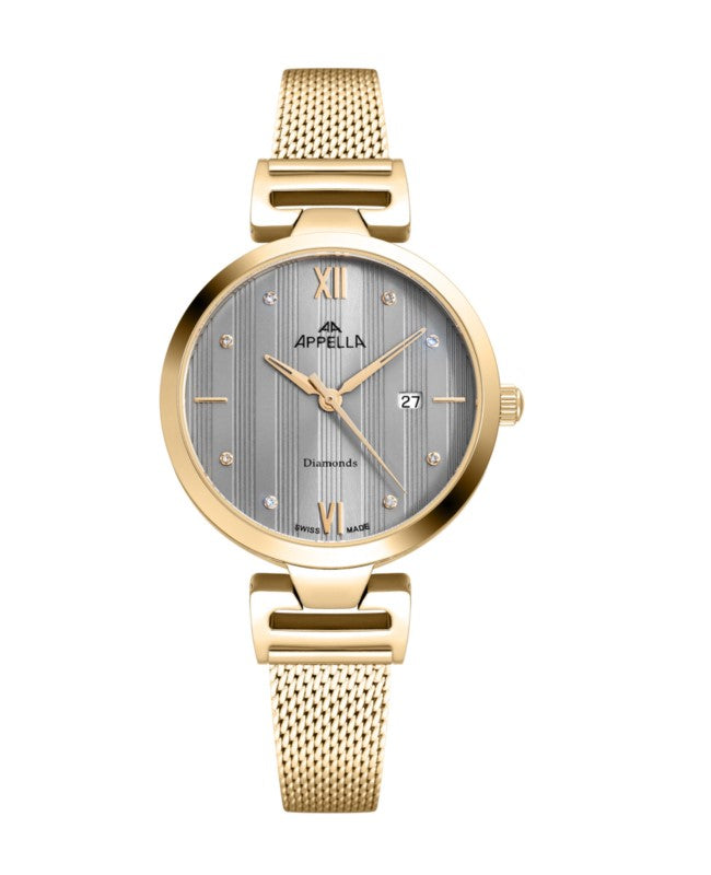 Ceas Appella, L50001.1187DQ, 32 mm, gold, cadran cu diamante (8 pietre)