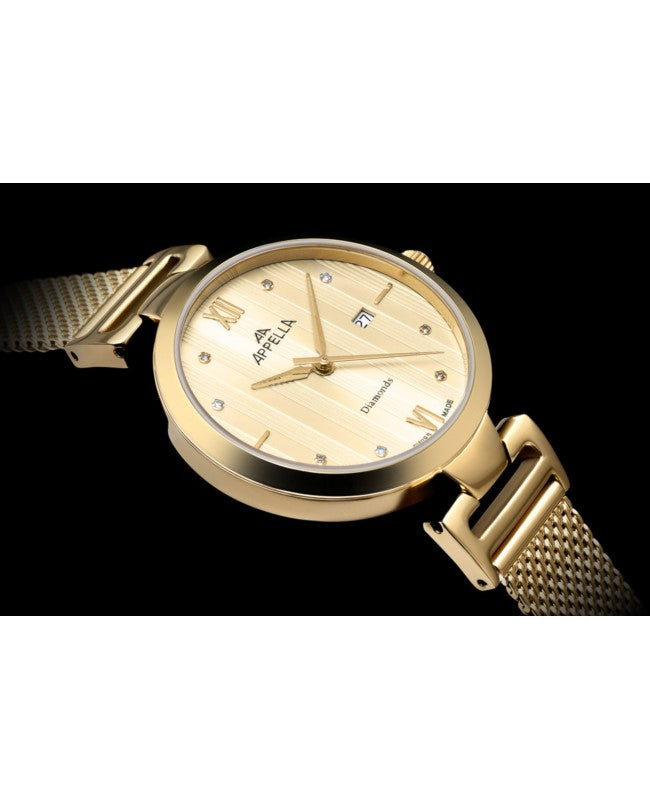 Ceas Appella, L50001.1181DQ, 32 mm, gold, cadran cu diamante (8 pietre)