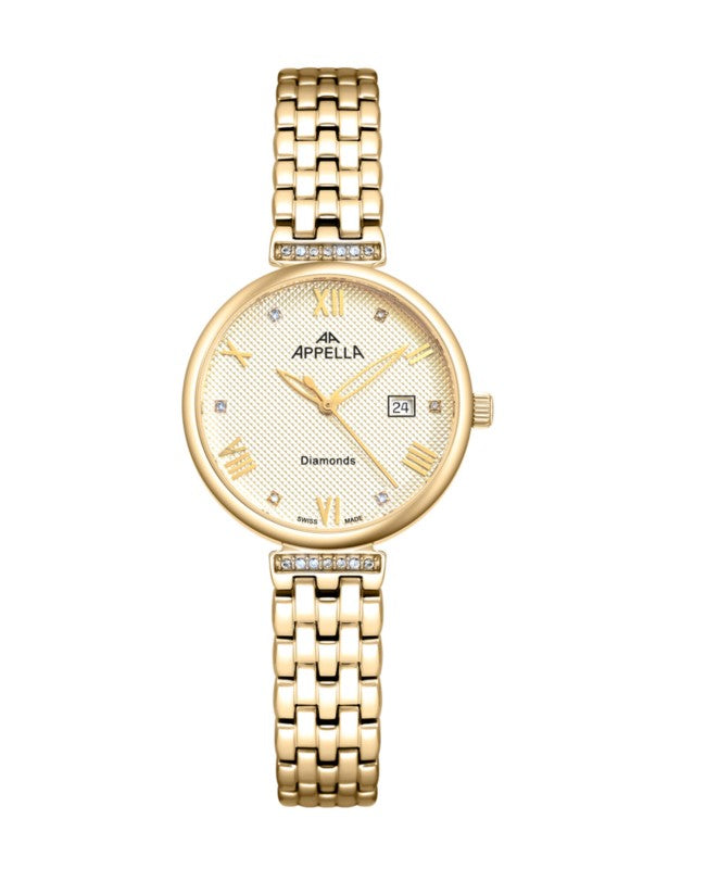 Ceas Appella, L50006.1181DQ, 30 mm, gold, cadran cu diamante (6 pietre)