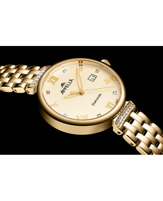 Ceas Appella, L50006.1181DQ, 30 mm, gold, cadran cu diamante (6 pietre)