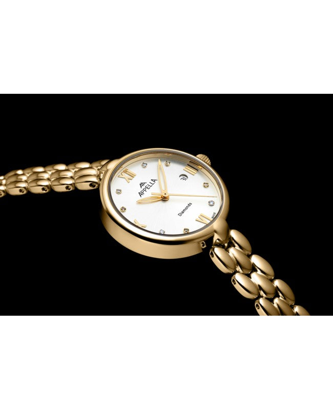 Ceas Appella, L50007.1183DQ, 28 mm, gold, cadran cu diamante (8 pietre)