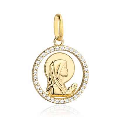 Medalie Aur 14K  Fecioara Maria care se roagă într-un cerc împânzit cu zirconii