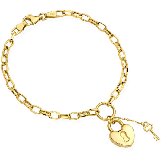 Brățară din aur pe un lanț și un pandantiv cu o inimă și o cheie cu lacăt