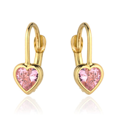 Cercei din aur cu contur de inimă și piatră roz