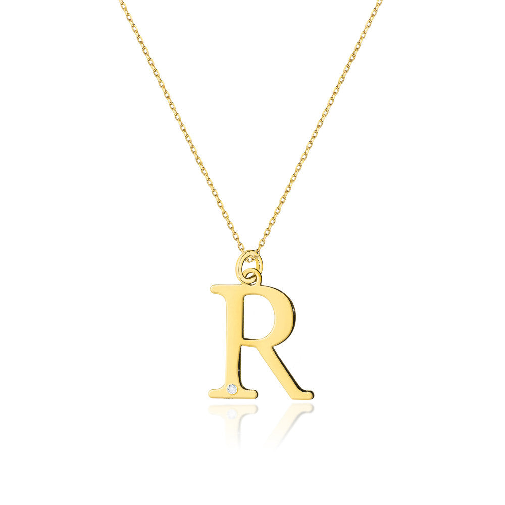 Colier cu pandantiv litera R din Aur 14K cu Diamant 0.005 ct