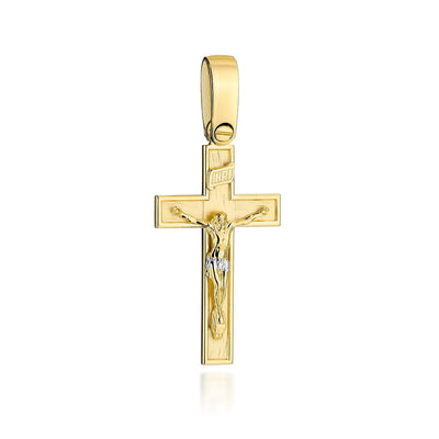 Cruce din satin auriu cu decor cu Isus răstignit