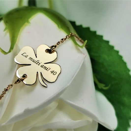 Lant trifoi cu 4 foi , personalizat cu Nume/Mesaj/Data - Aur 14k