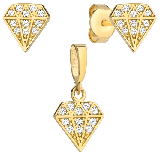 Set Cercei cu Model Diamant + Pandantiv si Cristale- Aur 14k