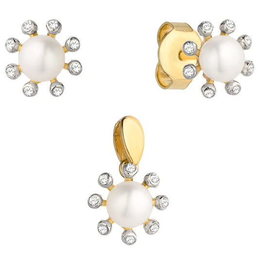 Set Cercei Floare + Pandantiv cu Cristale si Perle- Aur 14k